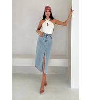 Paralel Taşlı Yırtmaçlı Denim Etek Beyaz