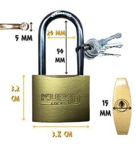 Kupa Uzun Kanca Asma Kilit Sarı 38 mm. - 3 Anahtarlı