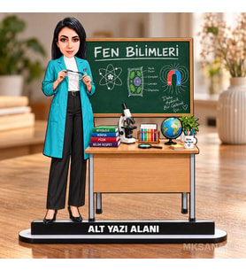 Kişiye Özel Kadın Fen Bilgisi Öğretmeni Karikatürlü 18 cm MDF Masaüstü Biblo - Öğretmen Hediyesi Öğretmene Özel Hediye