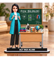 Kişiye Özel Kadın Fen Bilgisi Öğretmeni Karikatürlü 18 cm MDF Masaüstü Biblo - Öğretmen Hediyesi Öğretmene Özel Hediye