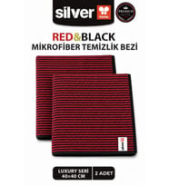 Luxury Serisi 2’li Kırmızı Siyah İnce Çizgili Desen Mikrofiber Temizlik Bezi 40x40 cm Süper Emici İz Bırakmaz