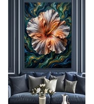 Hibiskus Ve Mavi Dalgalı Soyut Dekoratif Kanvas - Mdf Ahşap Tablo