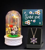 Led Işıklı Tasarım Fanus ve Gerçek Ametist Taşlı Lotus Kolye  Premium Hediye Seti (Model 5)