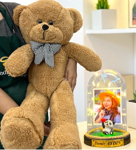 Sizlere Özel Premium Hediye Seti  Led Işıklı Fanus ve 80 cm Büyük Boy Kahve Peluş Ayıcık (Model 1)