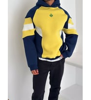 KAPÜŞONLU SARI LACİVERT ÇİZGİLİ OVERSIZE SWEATSHIRT - ŞARDONLU KALİTELİ SWEAT