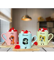 Power Puff Girls Arkadaş Tasarımlı Pembe-Yeşil-Sarı Ahşap Tabaklı Kişiye Özel Türk Kahvesi Fincanı Seti