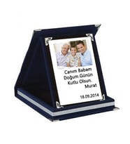 Kişiye Özel Fotoğraflı ve Yazılı Mavi Kadife Küçük Plaket (9x12 cm)