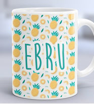 Kişiye Özel İsim Yazılı Hediye Kupa Bardak Ananas Desenli Meyveli (Beyaz)