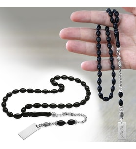 Sıkma Kehribar Tesbih - Metal Püsküllü - Siyah Renk - İsme Özel Yazılı - Arpa Kesim