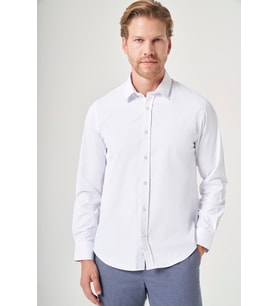 Beyaz Sert Yaka Uzun Kol Cepsiz Slim Fit Pamuklu Gömlek 1004260213