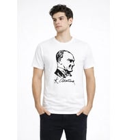 Erkek Atatürk Baskılı Tişört Kısa Kollu Bisiklet Yaka T-Shirt - Beyaz