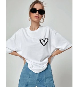 Kadın Tişort Kalp Baskılı Bisiklet yaka Kısa kol T-Shirt - Beyaz
