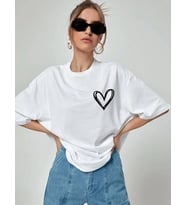 Kadın Tişort Kalp Baskılı Bisiklet yaka Kısa kol T-Shirt - Beyaz