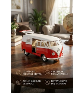 1:32 Ölçek Metal Çek Bırak Nostaljik Volkswagen T1 Minibüs Vosvos Oyuncak Araba - Kırmızı (13 cm)