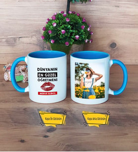 Kadın Öğretmene Hediye Kupa Bardak Mavi Fotoğraflı Öğretmenler Günü Hediyesi
