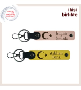 Gönülden Gelen Anlamlı Bir Hediye, Ay Yıldızlı Kişisel İsimli Deri Anahtarlık x2, Yavru Ağzı-Sarı