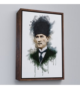 Çerçeveli Mustafa Kemal Atatürk'ün Suluboya Görünümlü Portresi Dekoratif Kanvas Tablo (Altın)