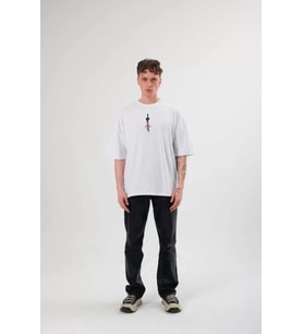 pilelistore- Unisex Bisiklet Yaka Baskılı Oversize T-Shirt - Beyaz