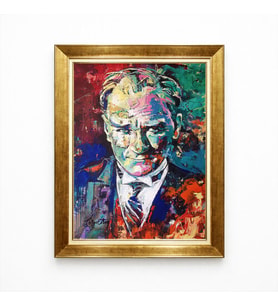 Tablore Renkli Atatürk Tablosu Yağlı Boya Efektli - Modern Sanat Tasarım Çerçeveli Kanvas - Artistik Portre Tablo