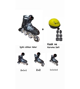 Işıklı Çocuk Pateni Ayarlanılabilir Silikon Tekerli Frenli Metal Gövdeli Paten ve Kask Dizlik Set 38-41 (Siyah)