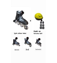 Işıklı Çocuk Pateni Ayarlanılabilir Silikon Tekerli Frenli Metal Gövdeli Paten ve Kask Dizlik Set 38-41 (Siyah)