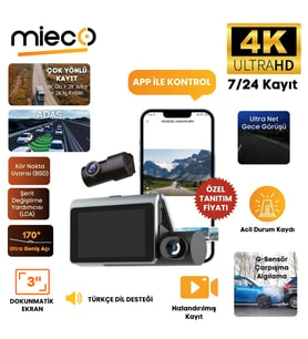 Mieco X18 Wifi /4K UHD/ 170° Ultra Geniş Açı/ ADAS/ G-Sensör / 3 Kameralı Araç Kamerası