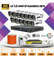 13'lü Güvenlik IP Kamera Seti - 4MP Dış Mekan Kamera, 3.6mm Lens, H.265, PoE, Warm Led Gece Görüşlü (Beyaz)