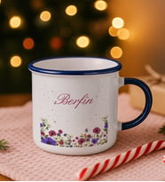 BK Gift Kişiye Özel Çiçek Tasarımlı Lacivert Emaye Kupa Bardak -10, Arkadaşa Hediye, Sevgiliye Hediye