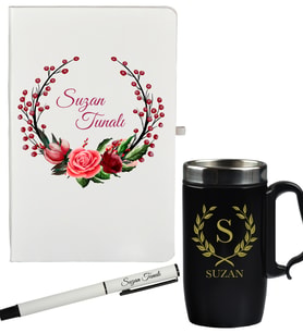 Kişiye Özel Çiçek Tasarımlı Anneye Hediye Defter Kalem Ve Siyah Termos Mug Seti