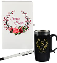 Kişiye Özel Çiçek Tasarımlı Anneye Hediye Defter Kalem Ve Siyah Termos Mug Seti