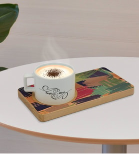 BK Gift Kişiye Özel Modern Art Tasarımlı Doğal Ahşap Tabaklı Seramik Fincan Sunum Seti  Model 11