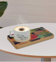 BK Gift Kişiye Özel Modern Art Tasarımlı Doğal Ahşap Tabaklı Seramik Fincan Sunum Seti  Model 11