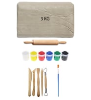 Beyaz Seramik Hamuru 3 kg Kil Ebeşuar Seti 6x15 ml Guaj Seti Seramik Kil Ahşap Merdane Oyun Hamuru