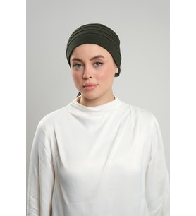 Haki Pratik Hazır Geçmeli Tesettür Bone Sandy Kumaş Pileli Nervürlü Güllü 1806_09