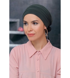 Haki Pratik Hazır Geçmeli Tesettür Bone Sandy Kumaş Pileli Nervürlü Güllü 1806_09