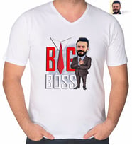 BK Gift Kişiye Özel Erkek Big Boss Karikatürlü V Yaka Tişört-4 (Beyaz)