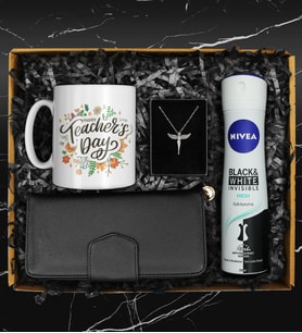 Öğretmenler Gününe Özel Öğretmenler Günü Kupası & Deodorant & Kadın Cüzdanı & Gümüş Renk Kaplama Melek Kolye