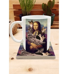 Kediler ve Sanat/Leonardo Da Vinci Mona Lisa Set 8 -Standart Kupa-Taş Bardak Altlığı 2