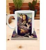 Kediler ve Sanat/Leonardo Da Vinci Mona Lisa Set 8 -Standart Kupa-Taş Bardak Altlığı 2