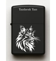 Kedi Desenli Kişiye Özel İsimli Siyah Benzinli Metal Çakmak 2