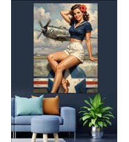 Uçak Kanadında Oturan Pin-Up Kadın Dekoratif Kanvas - Mdf Ahşap Tablo