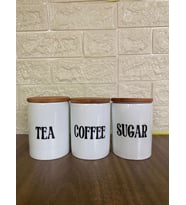 3'lü Bambu Kapaklı Porselen 800ml Tea/Coffee/Sugar Çay Kahve Şeker Kavanoz Seti