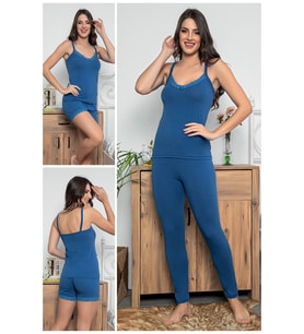 Kadın Saks Renkli Dantel Detaylı Şortlu Ve Taytlı Pijama Takımı 3'lü Set 75001