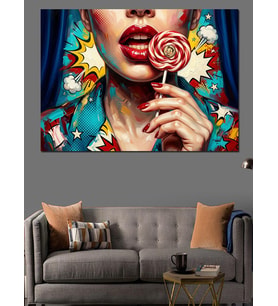 Lolipop Tutan Pop Art Kadın Dekoratif Kanvas - Mdf Ahşap Tablo
