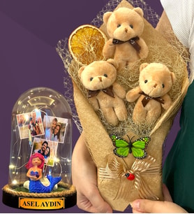 Kişiye Özel Led Işıklı Fanus ve Kahve Peluş Ayıcık Buketi - Premium Hediye Seti (Model 7)