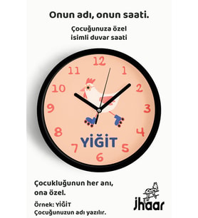 İsme Özel Paten Kayan Sevimli Tavuk Çocuk Odası Duvar Saati Orta Boy 30 cm Siyah Camlı Sessiz