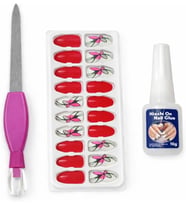 Takma Tırnak Kit Yapıştırıcılı Press On Nail Set Kolay Tak Çıkar Dayanıklı Manikür Aksesuarı,Tam Set Takma Tırnak Manikür Kiti Yapıştırıcı Ve Törpülü Hazır Tırnak Seti Ev (Kırmızı-çiçek)