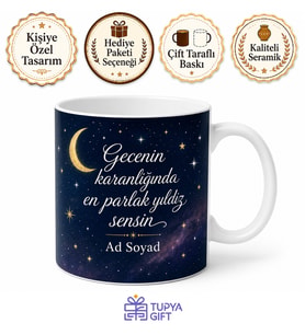 İsimli Gece Temalı Baskılı Kupa Bardak Hediye Özel Tasarım Porselen Mug