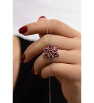 925 Ayar Gümüş Rodyum Kaplama Ruby Damla Lotus Kolye