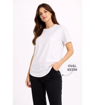 Paris Kadın Basic T-Shirt Kısa Kol Bisiklet Yaka Oval Kesim Tişört - Beyaz